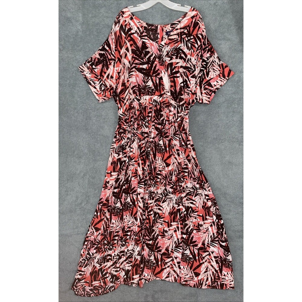 Roamans Dress 26/28 Pink Maxi Short Sleeve Floral Tie Waist Summer Career Office
